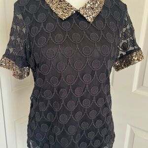 ISSI Black and Gold Embellished Blouse with Peter Pan Collar